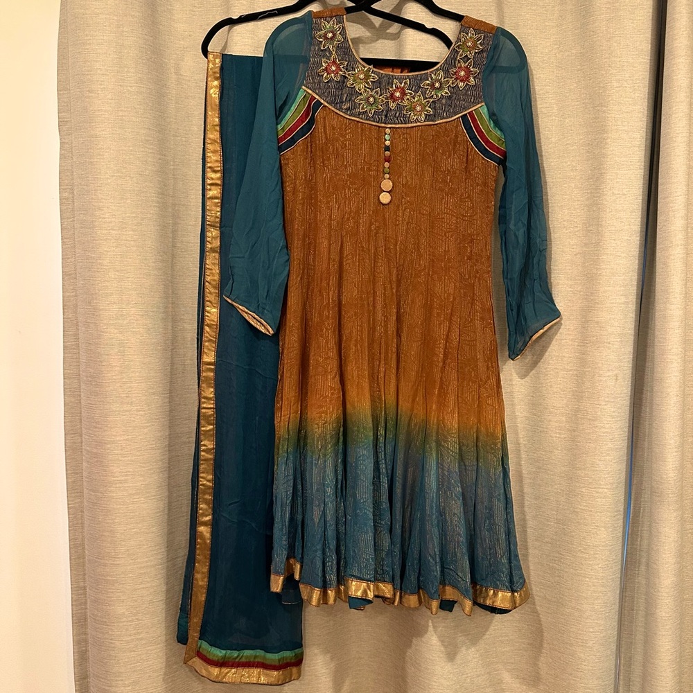 Embroidered Brown And Blue Anarkali Dress with Dupatta
